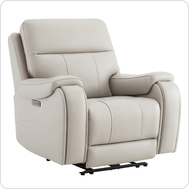A light beige leather recliner with a control panel on the armrest and a black metal base.