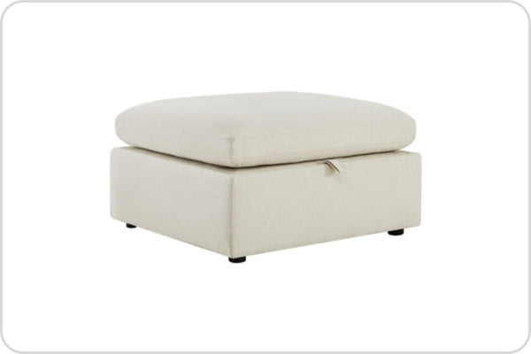 A beige upholstered ottoman with a cushioned top and black legs.