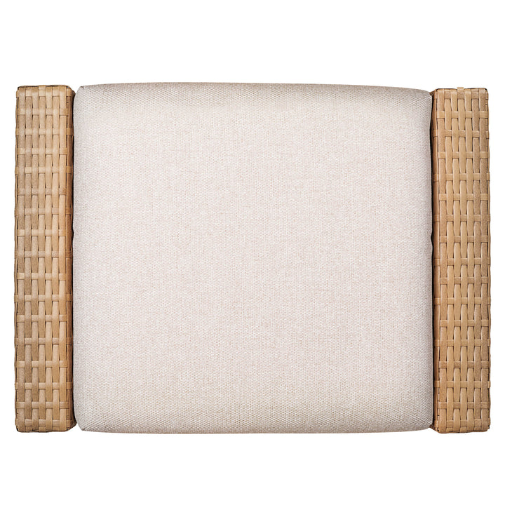 Calum Rattan outdoor ottoman with cream cushion and textured rattan armrests - CHITA Living