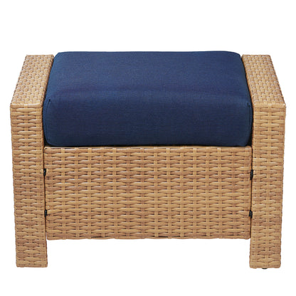 Calum Rattan outdoor ottoman with navy cushion for stylish comfort - CHITA Living