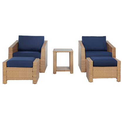 5-piece Calum Rattan outdoor patio set with navy cushions and side table for stylish comfort - CHITA Living