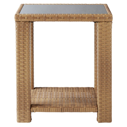 Calum Rattan outdoor side table with textured weave and glass top for stylish patio decor - CHITA Living