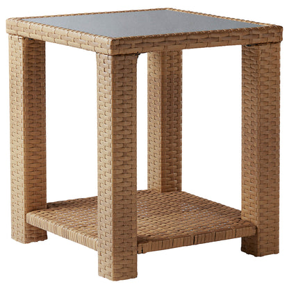Calum Rattan outdoor side table with textured weave and glass top for stylish patio decor - CHITA Living