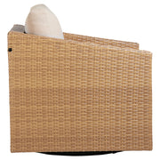 Calum Rattan Outdoor Swivel Chair with cream cushion, showcasing its woven design - CHITA Living