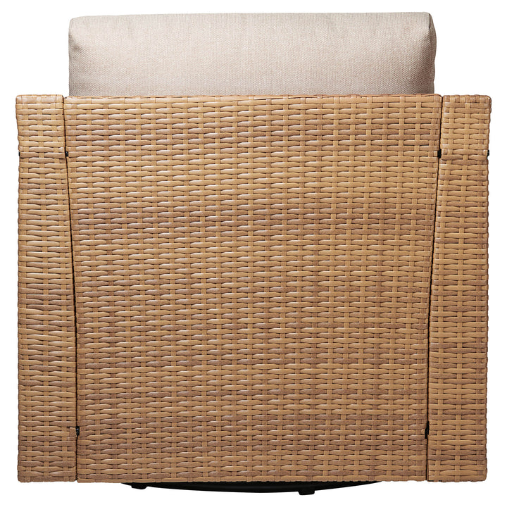 Calum Rattan Bistro Set top view, featuring woven rattan and beige outdoor cushion - CHITA Living