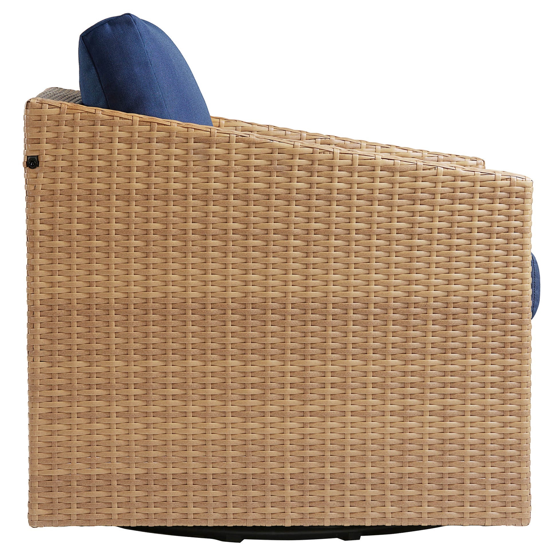 Side view of Calum Rattan Outdoor Bistro Set with blue cushions for outdoor comfort - CHITA Living