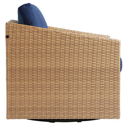 Side view of Calum Rattan Outdoor Bistro Set with blue cushions for outdoor comfort - CHITA Living