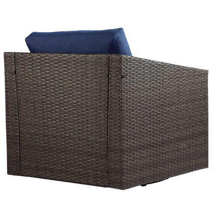Calum Rattan outdoor chair back view with navy cushion and textured rattan weave - CHITA Living
