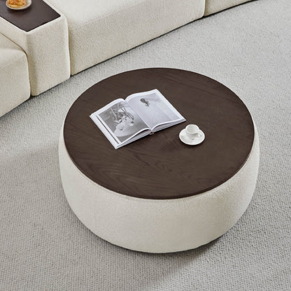 Grace round storage ottoman with dark wood top, featuring hidden storage and modern decor - CHITA Living