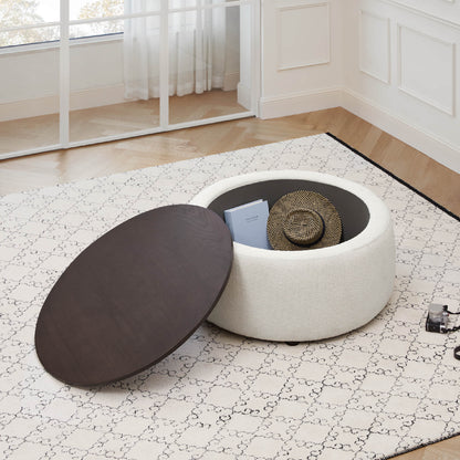 Grace round storage ottoman with removable dark wood lid and hidden storage inside - CHITA Living