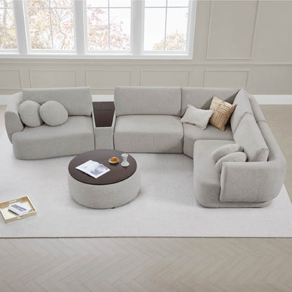 Grace modular curved sofa in light boucle fabric with walnut console in modern living room - CHITA Living