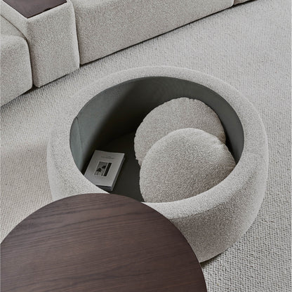 Grace round ottoman with dark wood lid and hidden storage, featuring cozy boucle fabric - CHITA Living