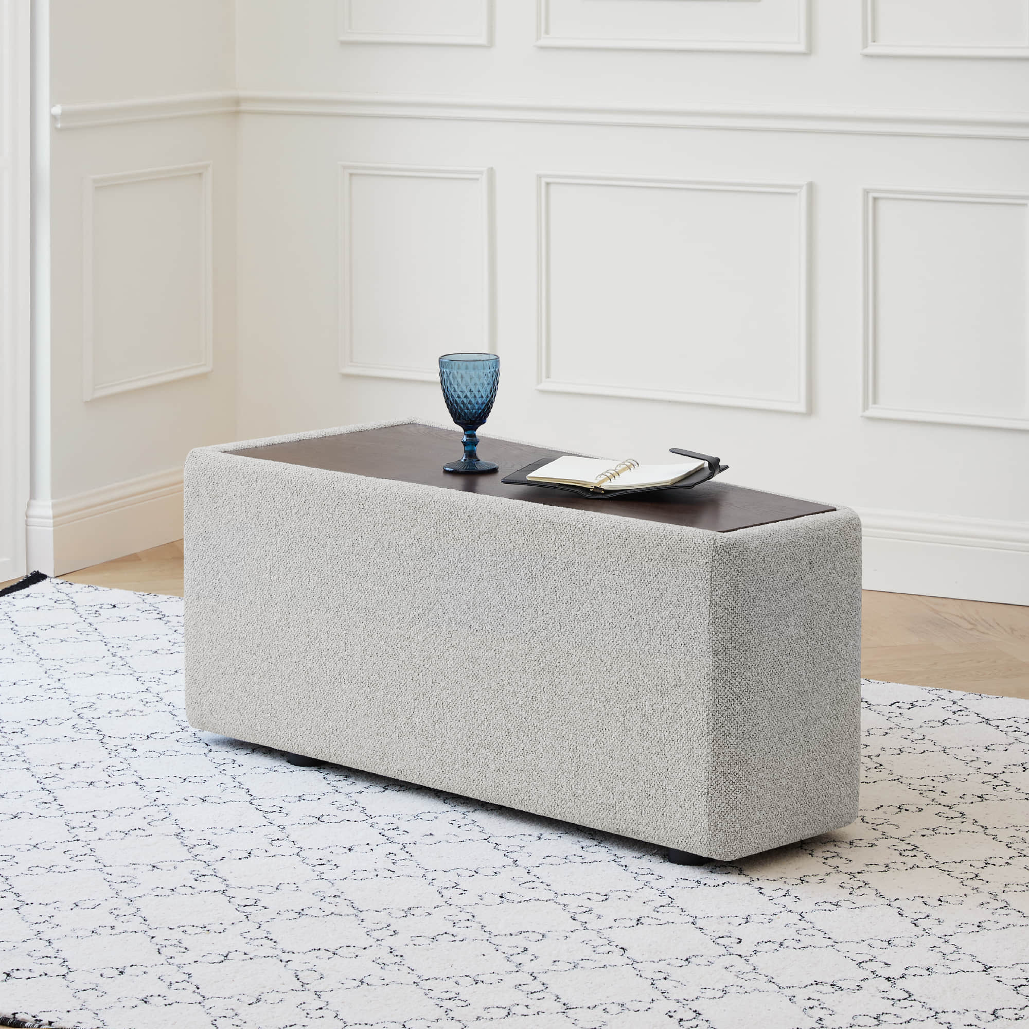 Grace Storage Wedge Console with boucle fabric and walnut top in a modern living room - CHITA Living