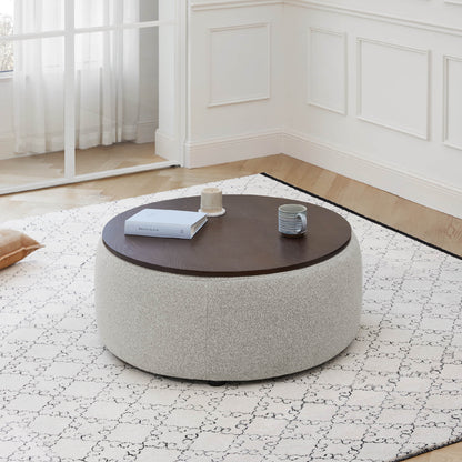 Grace round storage ottoman with dark wood lid and cozy boucle fabric for modern interiors - CHITA Living