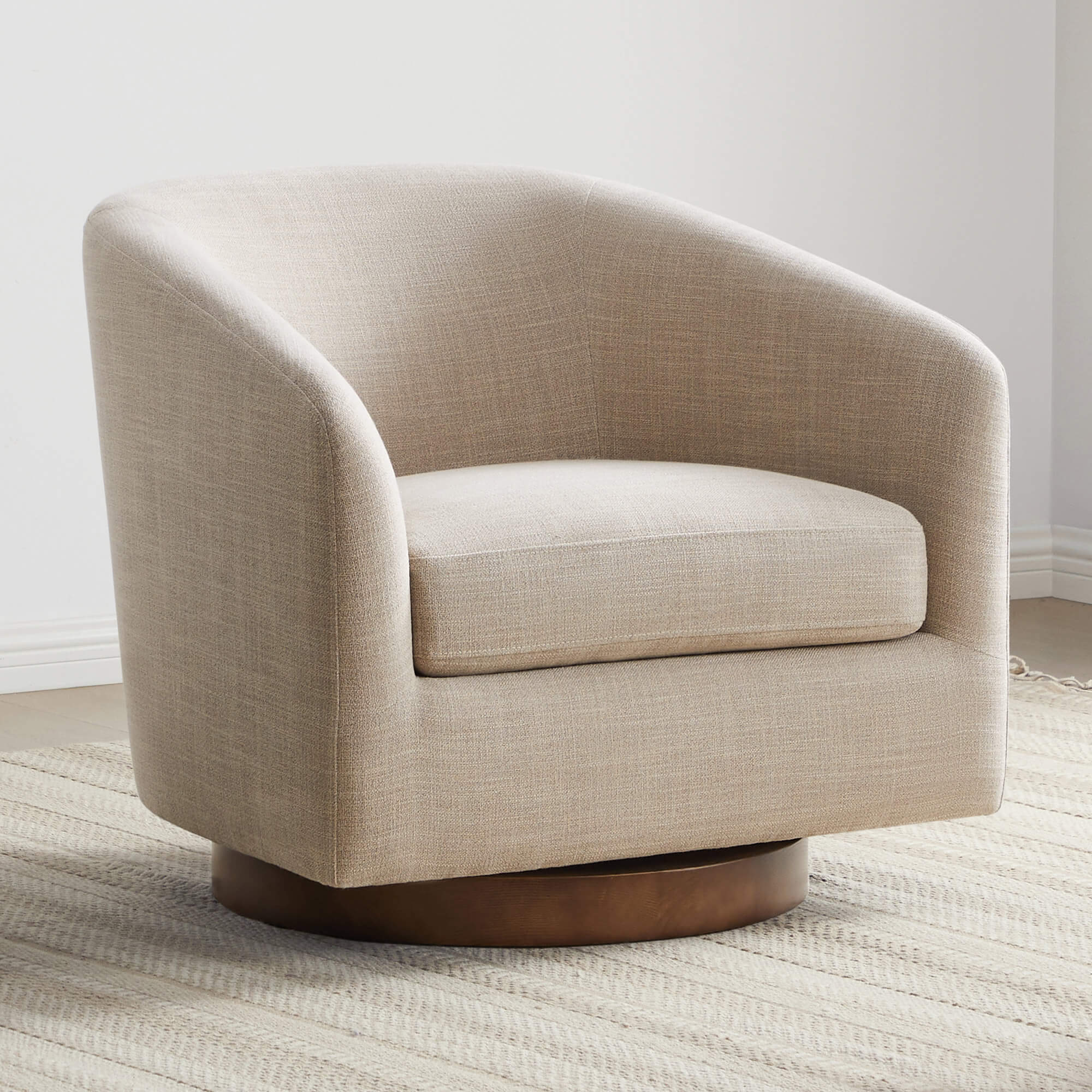 Neutral Wren Modern Swivel Accent Chair with plush cushion on textured rug - CHITA Living