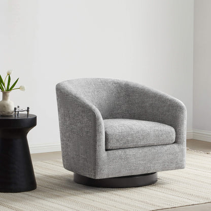 Gray swivel accent chair on a textured rug beside a modern black side table - CHITA Living