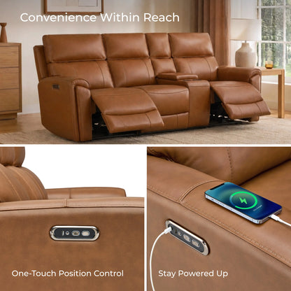 Libonet Modern Genuine Leather Reclining Sofa with Power Headrest