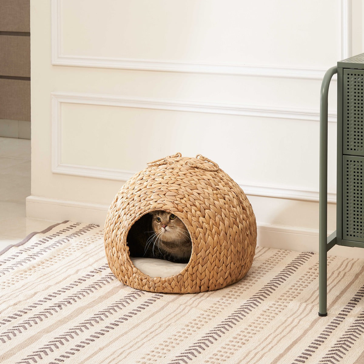 Betty Water Hyacinth Woven Wicker Round Pet Bed with Handles