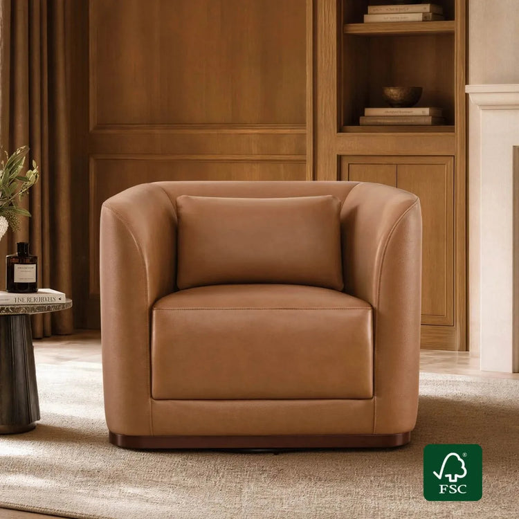 Corinne Curved Leather Swivel Accent Chair