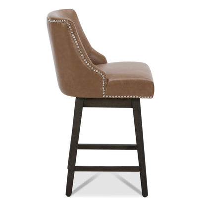 Asher swivel bar stool in brown upholstery with nailhead trim on sturdy wooden legs - CHITA Living