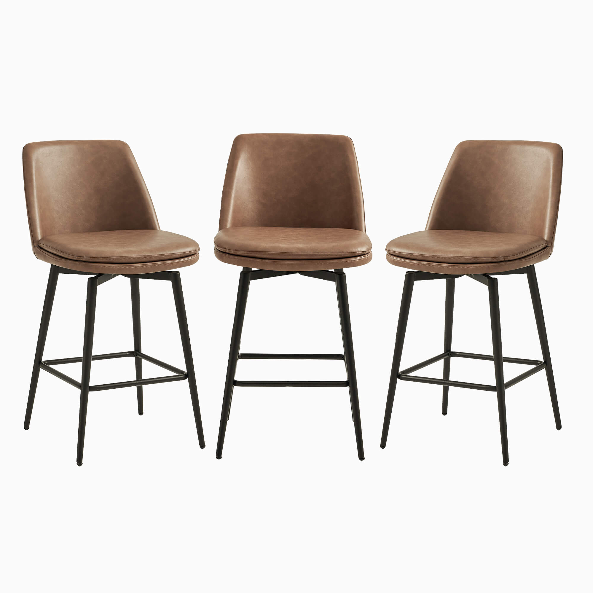 Set of three Eli swivel bar stools with brown faux leather seats and black metal frames - CHITA Living