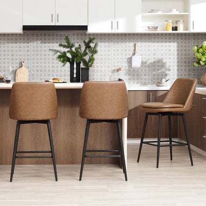 Eli swivel bar stools with brown faux leather seats and black metal legs in a kitchen - CHITA Living