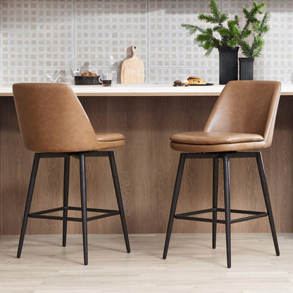 Eli swivel bar stools with brown faux leather seats and black metal frames at a kitchen counter - CHITA Living