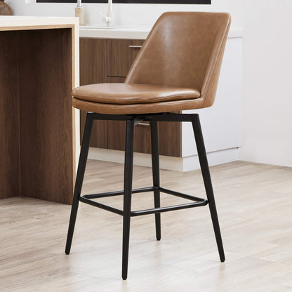 Eli swivel bar stool with brown faux leather seat and black metal legs in a kitchen setting - CHITA Living