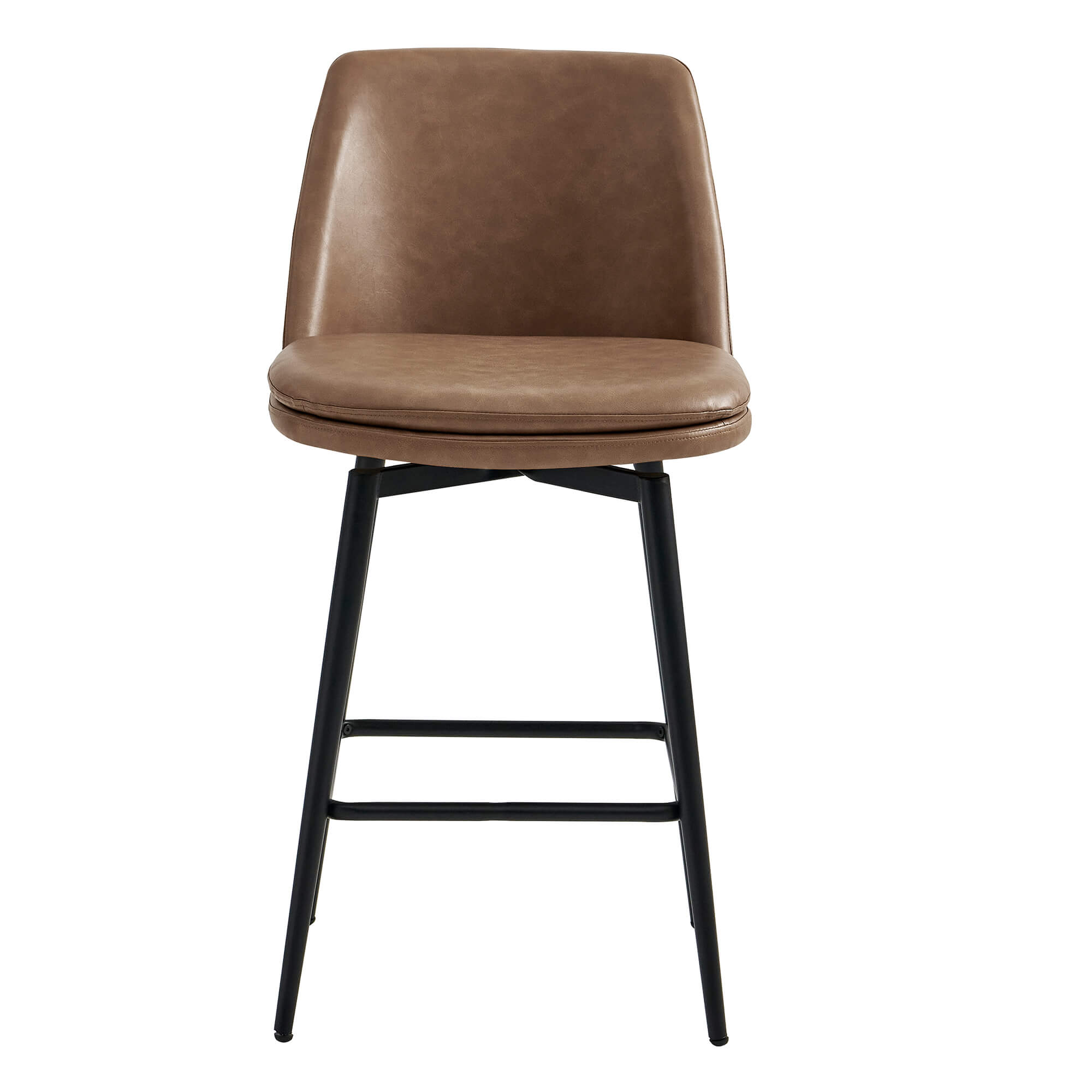 Eli swivel bar stool with brown leather-like seat and modern black metal base - CHITA Living