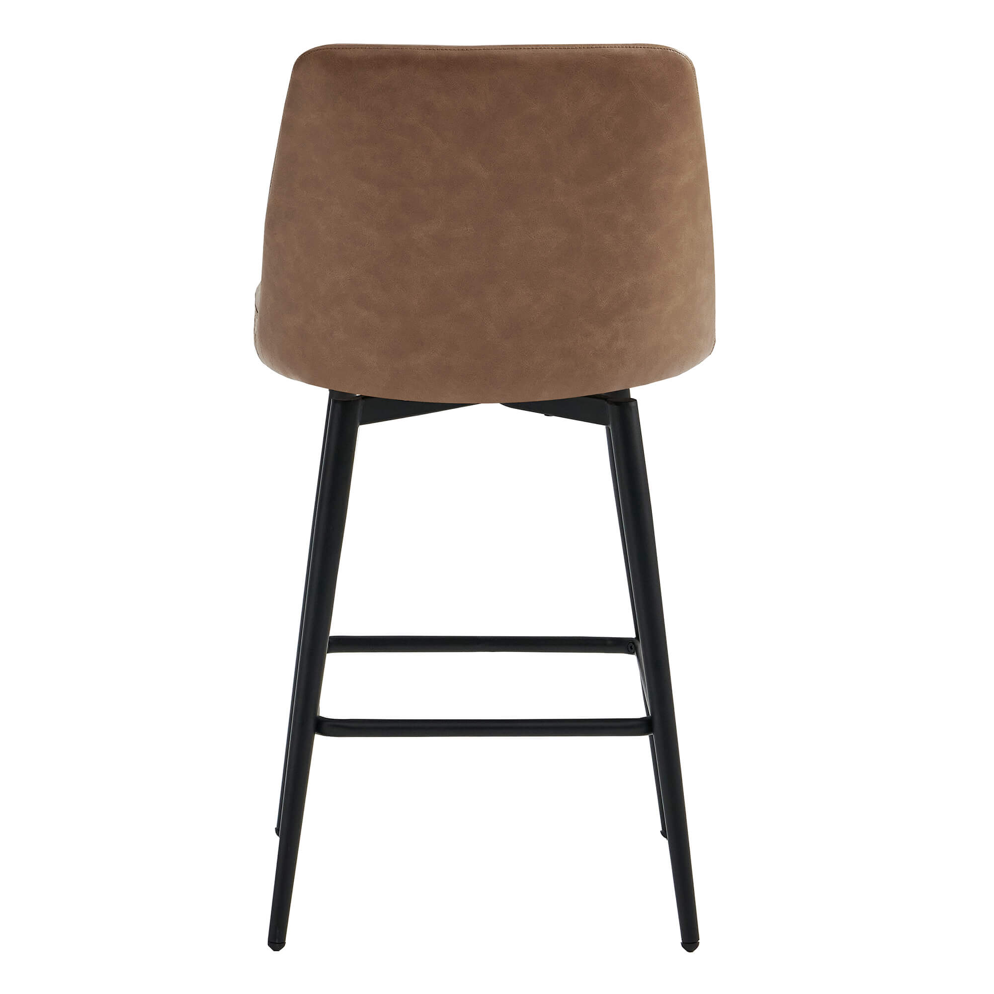 Back view of Eli swivel bar stool with brown faux leather and black metal frame - CHITA Living