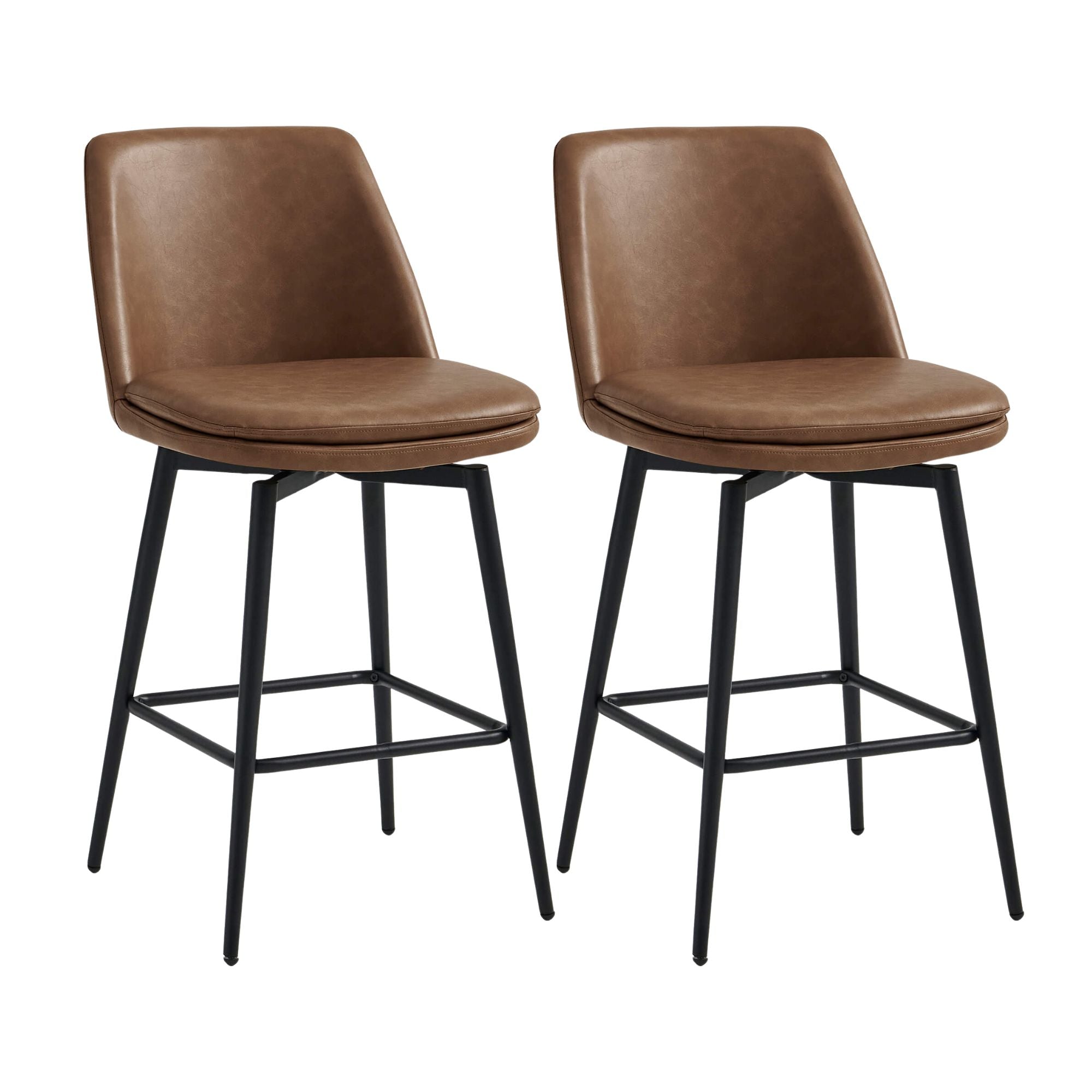 Modern Eli swivel bar stools with brown faux leather seats and sleek black bases - CHITA Living