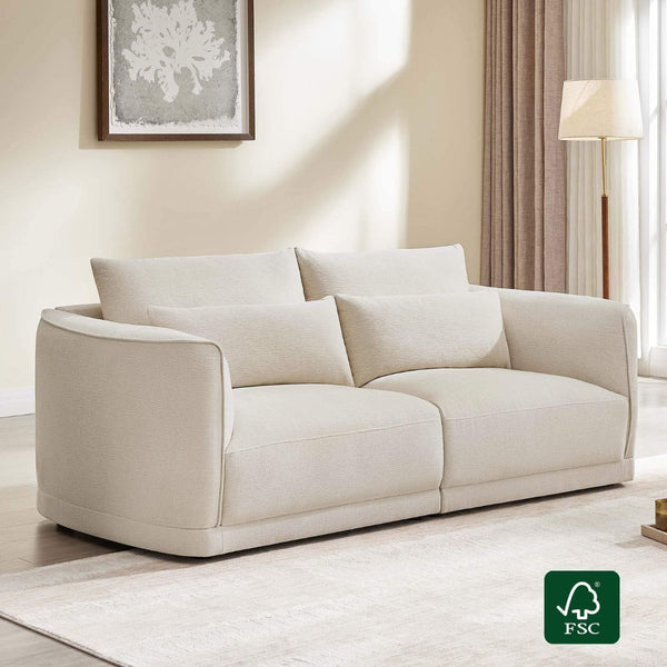 Daisy 2-seat curved chenille sofa in linen with down-filled cushions and FSC certified frame.