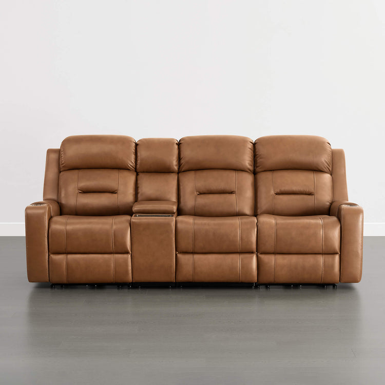 Garrison handcraft dual motor reclining sofa in brown top-grain leather with power headrest and console.