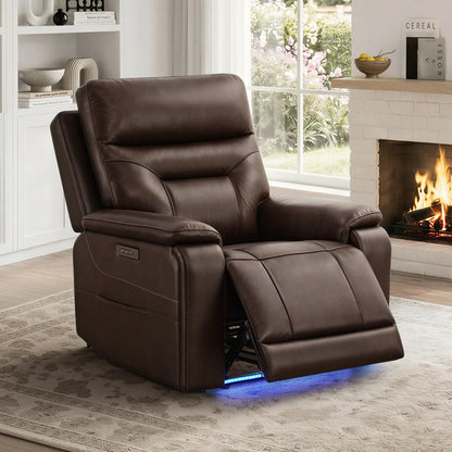 Hamish Genuine Leather Lay-Flat Power Recliner with LED Lighting