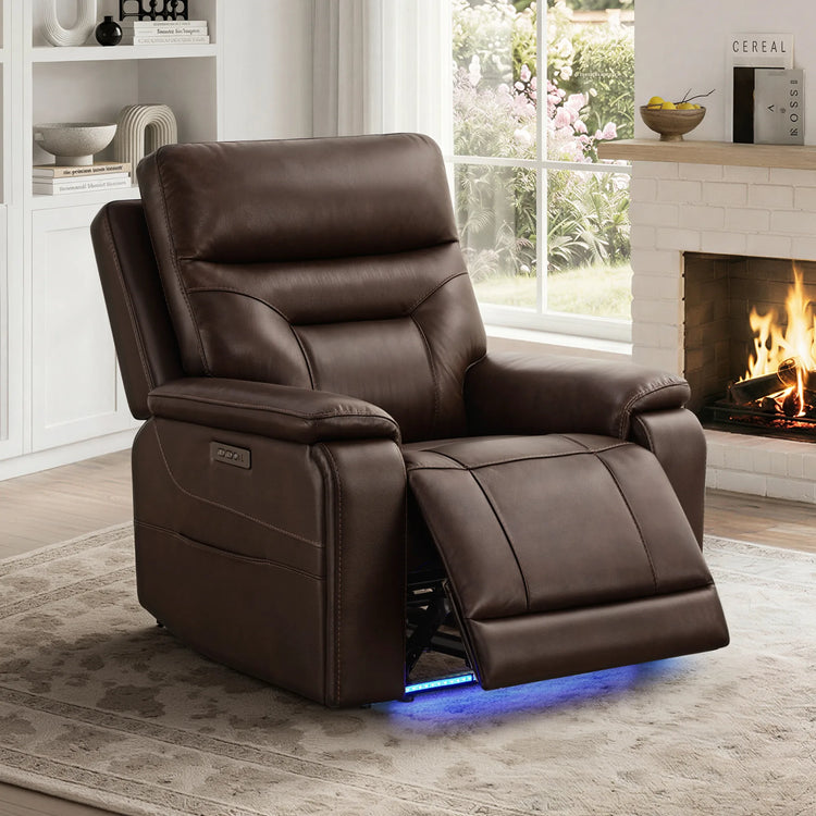 Hamish Genuine Leather Lay-Flat Power Recliner with LED Lighting