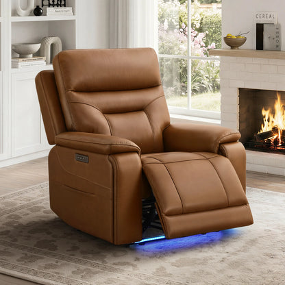 Hamish Genuine Leather Lay-Flat Power Recliner with LED Lighting