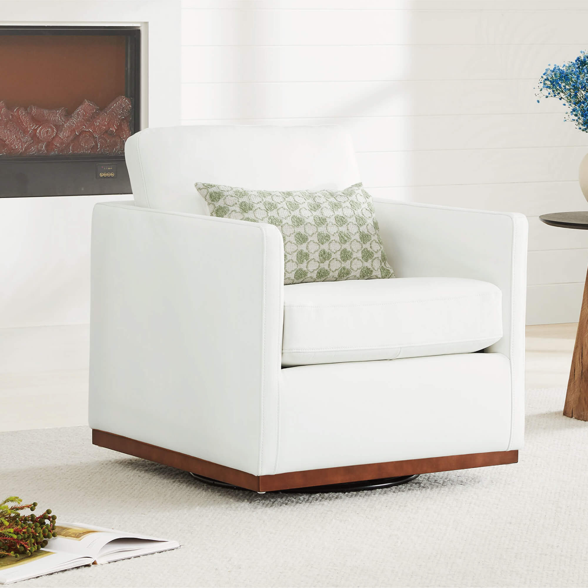 White Henry Swivel Accent Chair with wood base and cushion in modern living room - CHITA Living