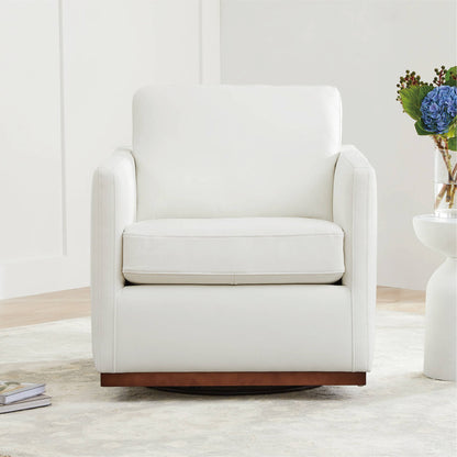 Henry Modern Swivel Accent Chair in white leather with wooden base in minimalist setting - CHITA Living