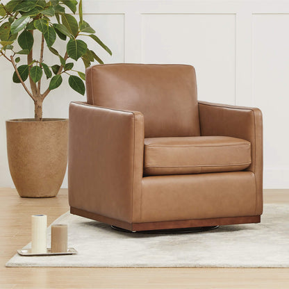 Brown leather Henry Modern Swivel Accent Chair with a wooden base in minimalist setting - CHITA Living