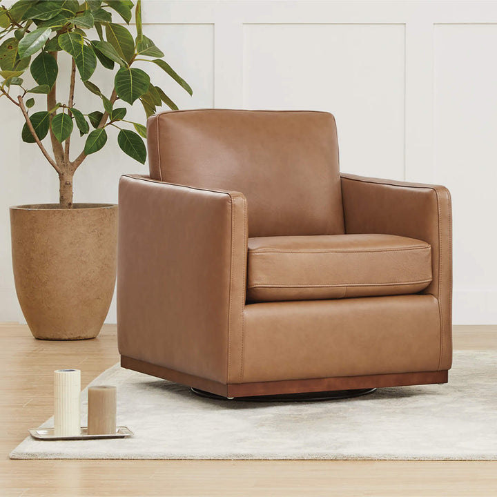 Brown leather Henry Swivel Accent Chair with wooden base in modern living room setting - CHITA Living