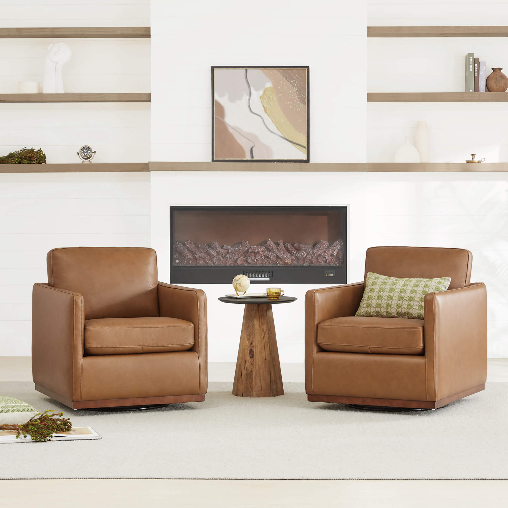 Two brown leather Henry Modern Swivel Accent Chairs with wooden bases in modern living room - CHITA Living