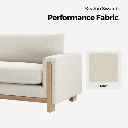 Keaton sofa swatch in performance linen fabric, light beige with wooden arm - CHITA Living