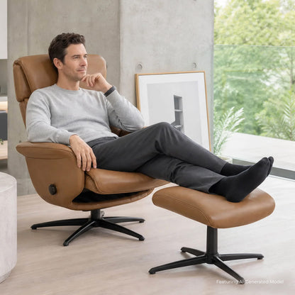 Leslie Genuine Leather Swivel Reclining Chair & Ottoman