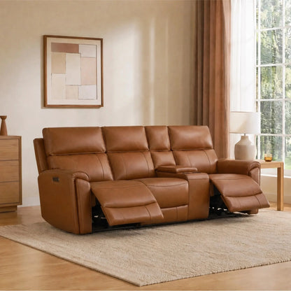 Libonet Modern Genuine Leather Reclining Sofa with Power Headrest