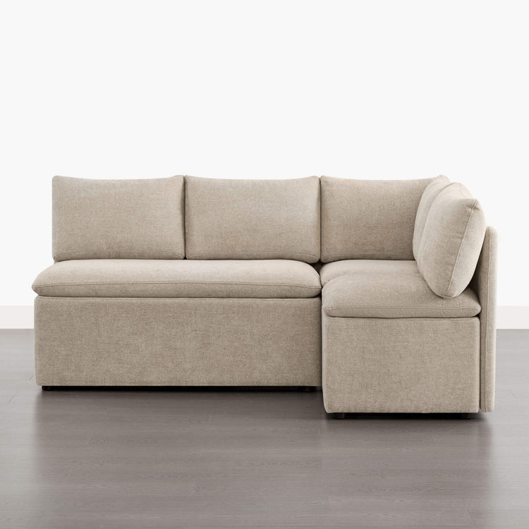 Lila L-shaped minimalist dining banquette with storage in beige, featuring plush cushions and hidden storage.