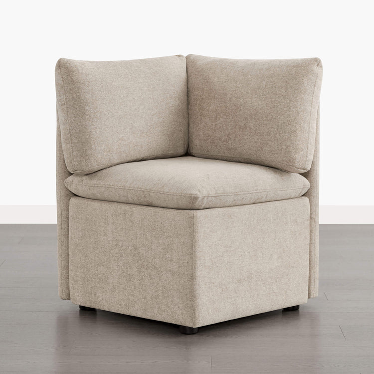 Lila minimalist cloud-soft corner seat in linen fabric with hidden storage and plush cushions.