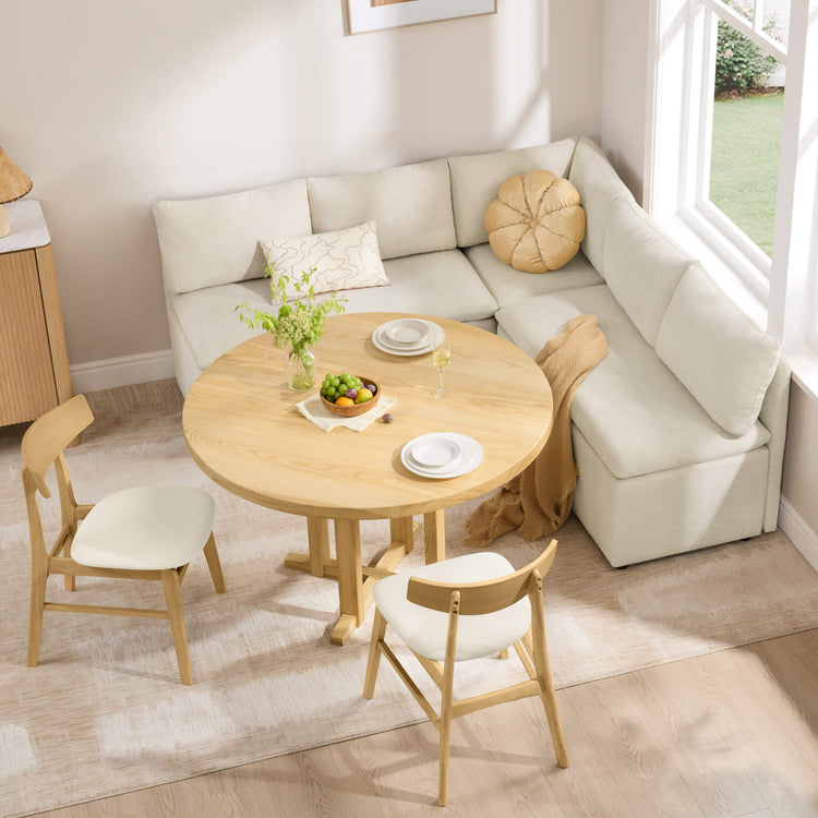 Lila 5-seat dining banquette with storage and a wooden dining table setup.