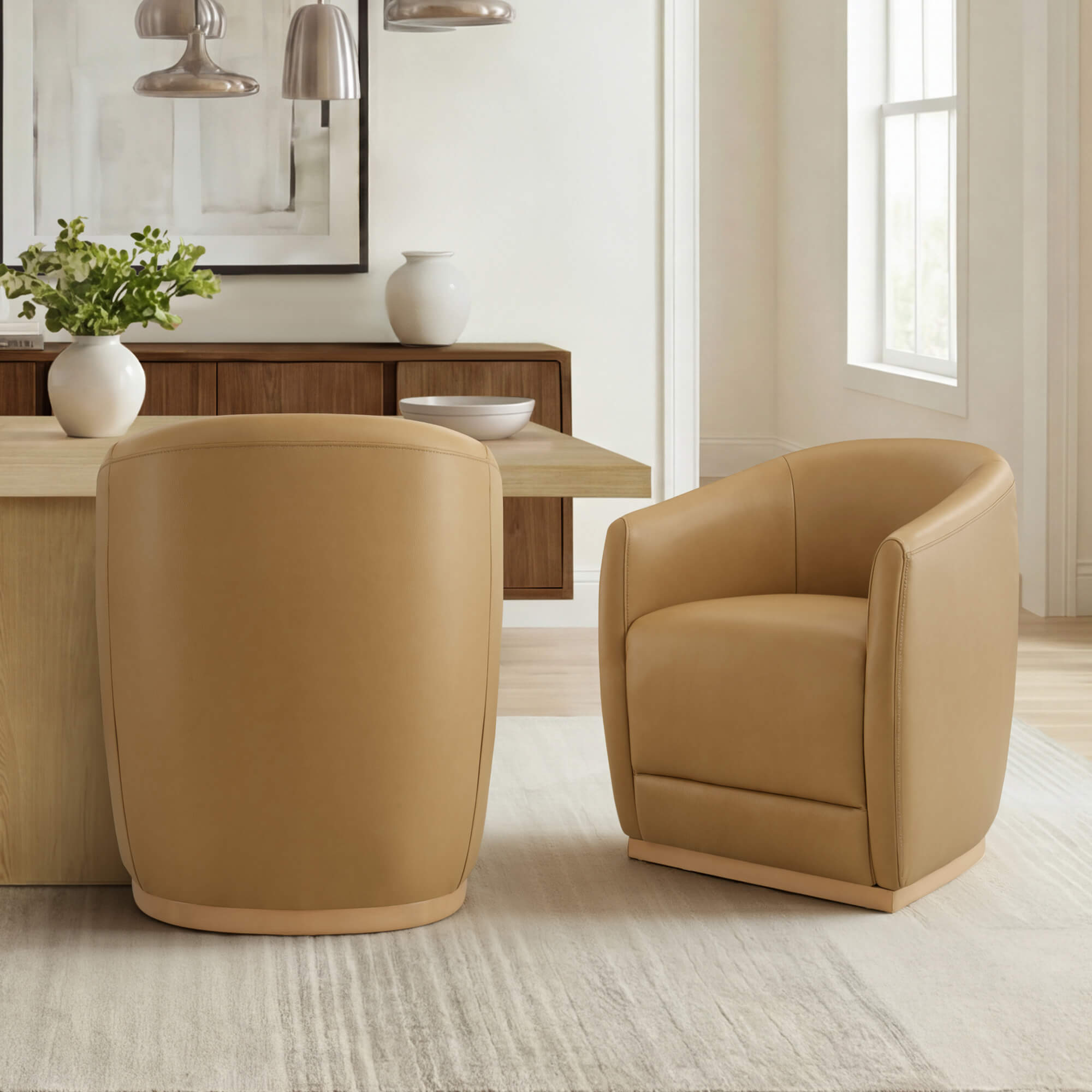 Mateo Curved Genuine Leather Rolling Dining Chair (Set of 2)