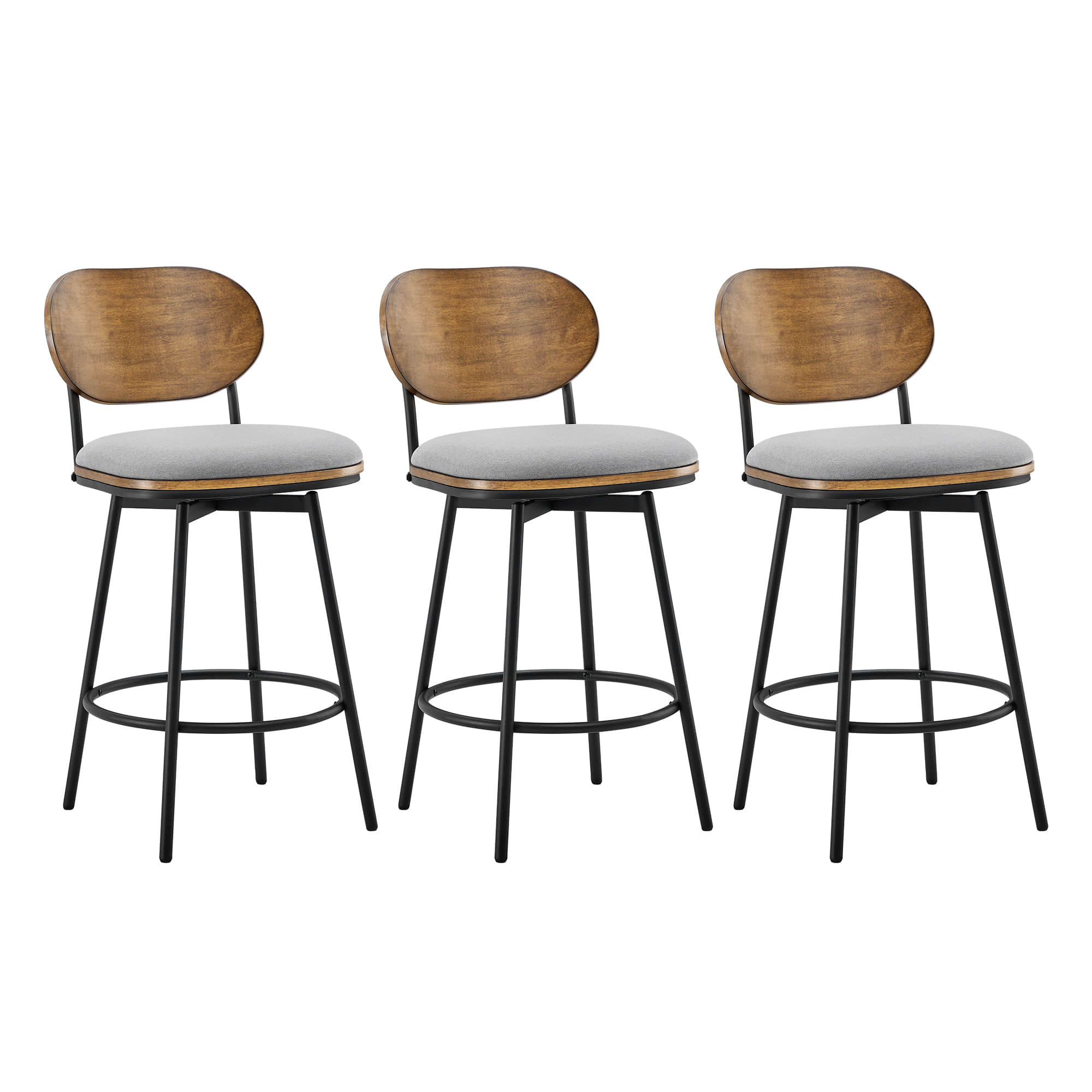 Set of three Aislinn swivel bar stools with wood backs and gray cushion in modern kitchen - CHITA Living