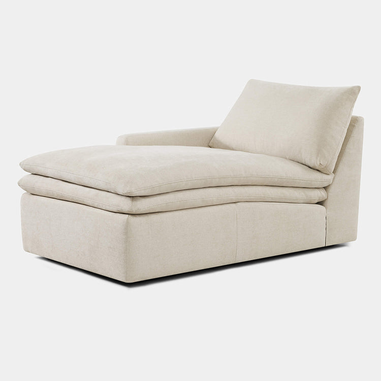 Ohana Cloud-like Modular Chaise in linen fabric with plush cushions and a low profile.